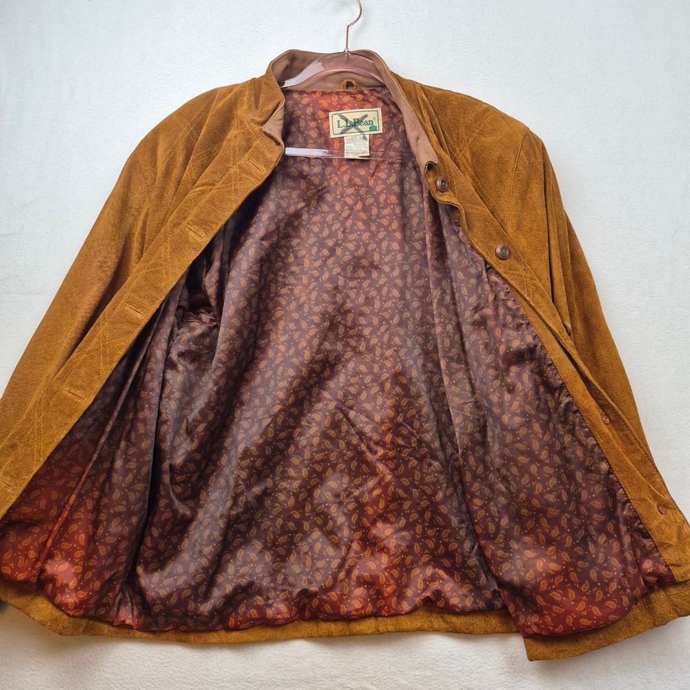 LL Bean Vintage Suede Leather Jacket Cognac Brown Paisley Lining Womens Large - Picture 3 of 16